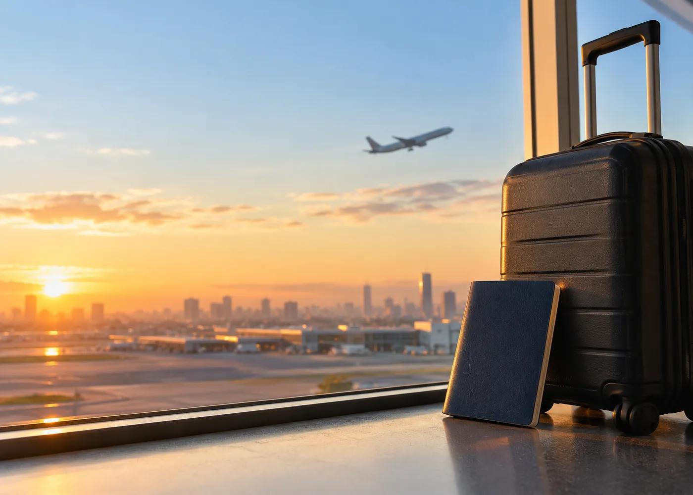 Pasaporte y maleta frente a la ventana de un aeropuerto al atardecer
